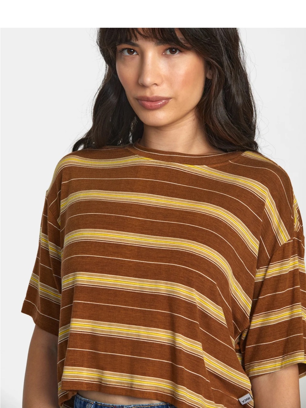 RVCA Brown & Yellow Striped Cropped Tee - Picture 3 of 7